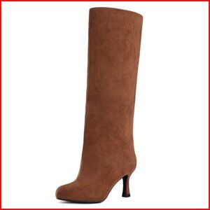 Suede Knee High Boots Wide Calf Stiletto Heel Pull On Winter Fashion